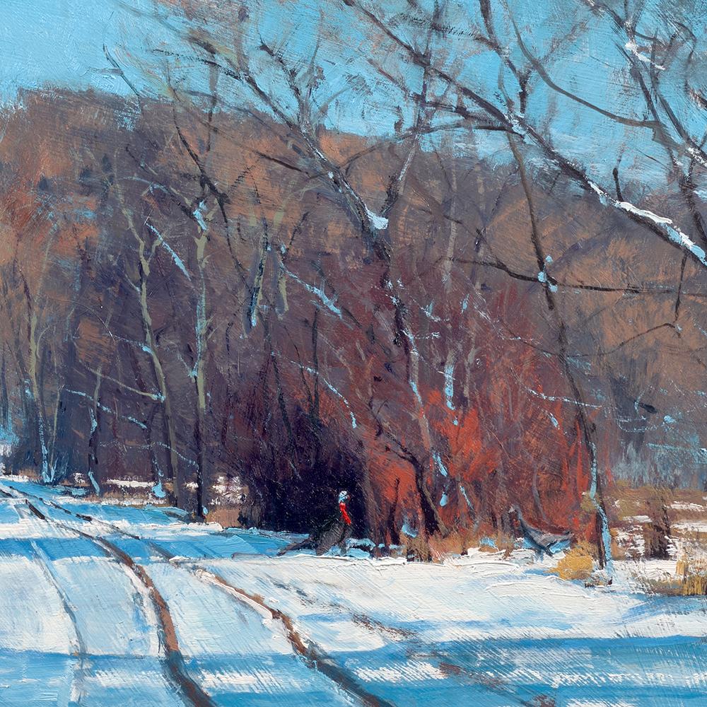 A contemporary landscape painting by American artist, Ben Bauer of a snow-covered road and field. 
