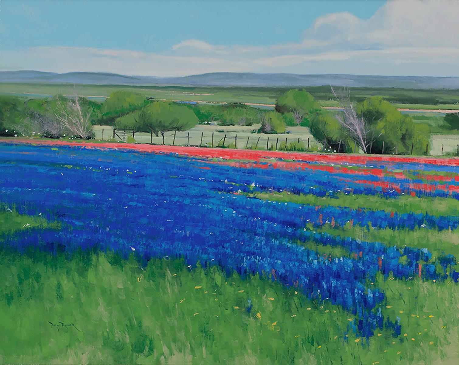 A contemporary oil painting of a bluebonnet covered field by Ben Bauer.  The Texas Bluebonnet or Texas lupine is the state folower.  