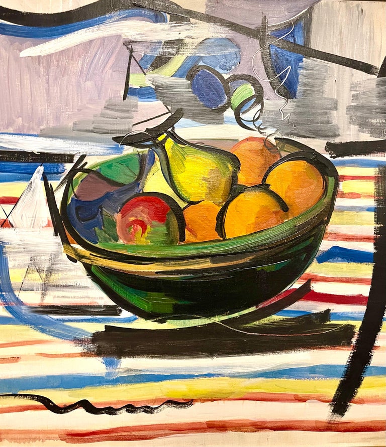 Large Modernist Ben Benn Still Life with Fruit Bowl Oil Painting WPA Artist  1