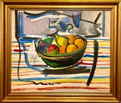 Grande peinture à l'huile moderniste Ben Benn Nature morte avec coupe de fruits Artiste WPA