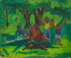 Modernist Family Outing with Dog (Picnic in the Park) Ben Benn Oil Painting WPA 