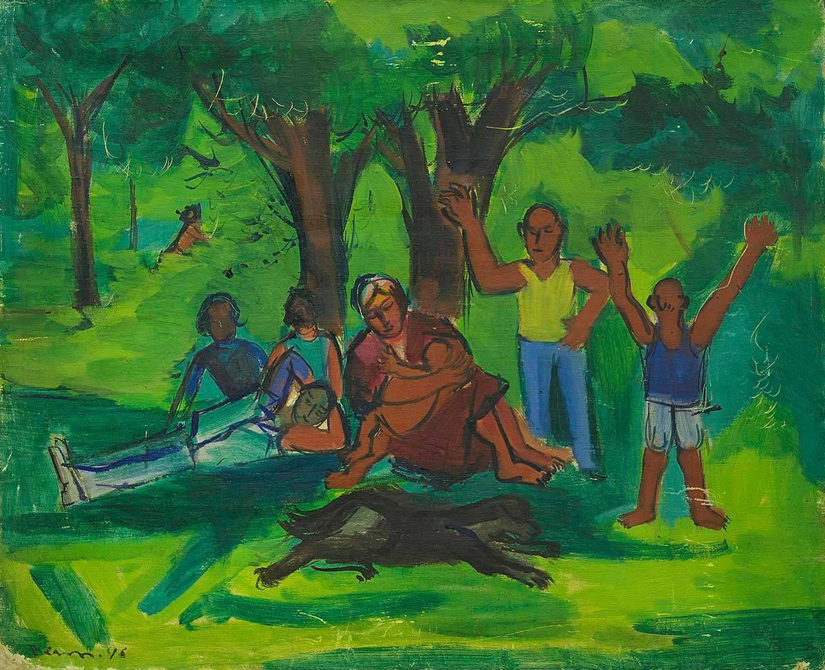 Genre: Modern
Thema: Menschen
Medium: Acryl
Oberfläche: Segeltuch
Land: Vereinigte Staaten
Abmessungen: 20" x 24" 
Es ist unten links signiert.

Szene eines gemütlichen Familientreffens in einem Park  zu picknicken und ihren Tag mit dem Künstler Ben