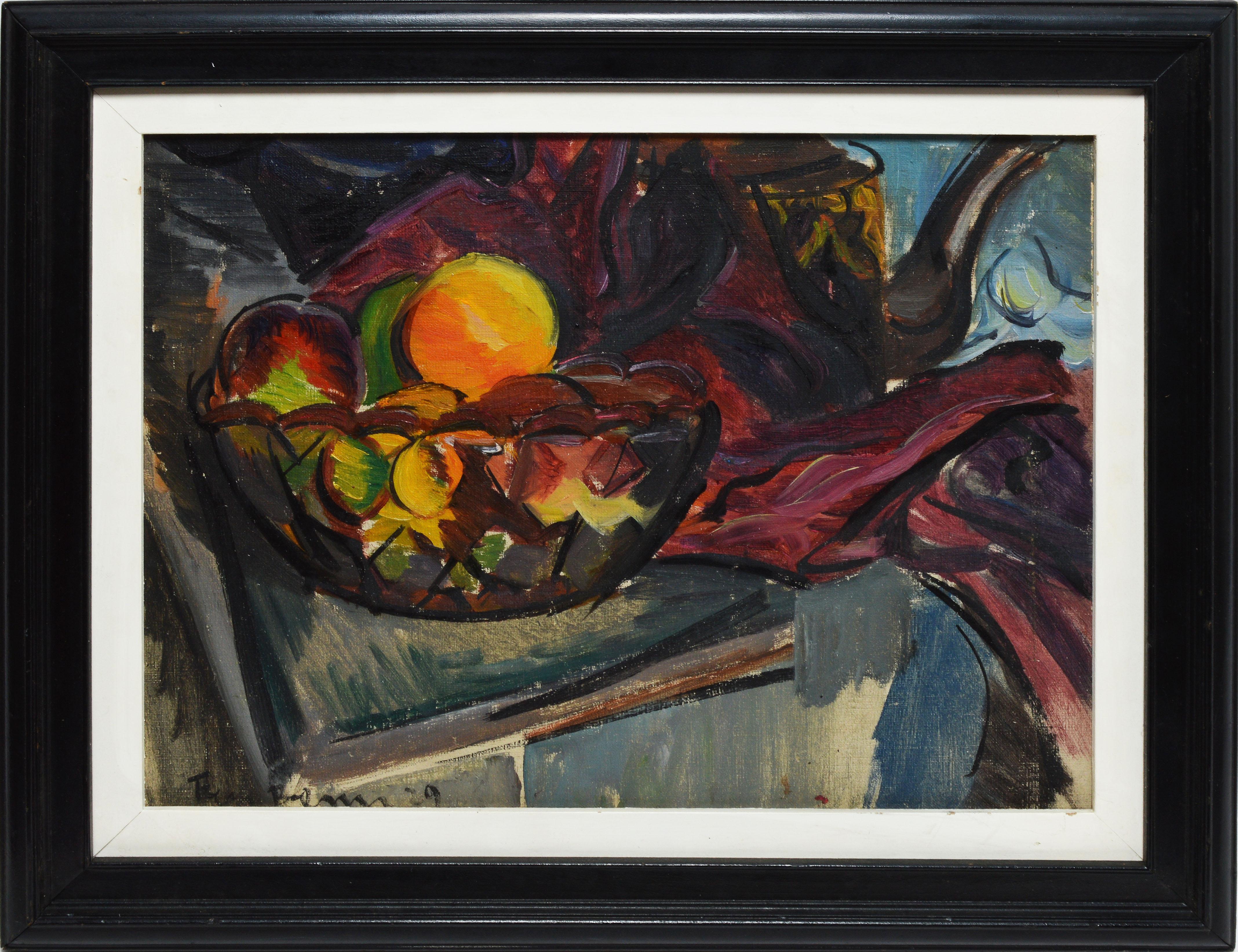 Modernist fruit still life by Ben Benn  (1884 - 1983).  Oil on board, circa 1929.  Signed lower left.  Displayed in a modernist frame.  Image size, 16"L x 12"H.