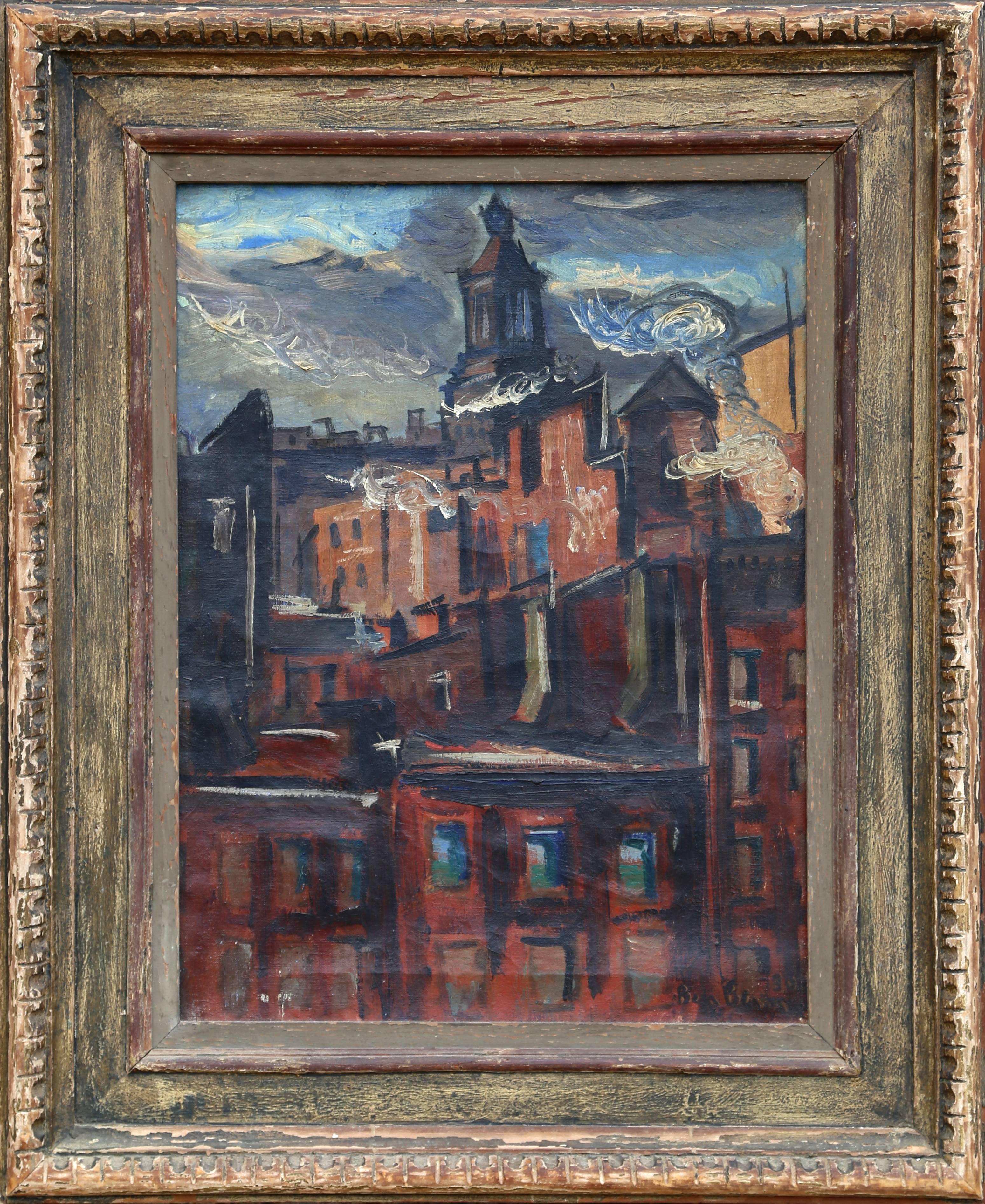 Artist: Ben Benn, Polish/American (1884 - 1983)
Title: Roof Top
Year: circa 1920
Medium: Oil on Canvas, signed l.r.
Size: 24 x 18 in. (60.96 x 45.72 cm)
Frame Size: 33.5 x 27.5 inches

Benn Benn was a pioneer American modernist whose independent
