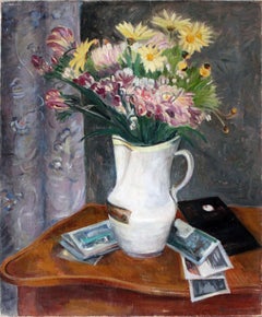 "Still Life with Flowers" American Modern Colorful Oil Painting on Canvas 1936