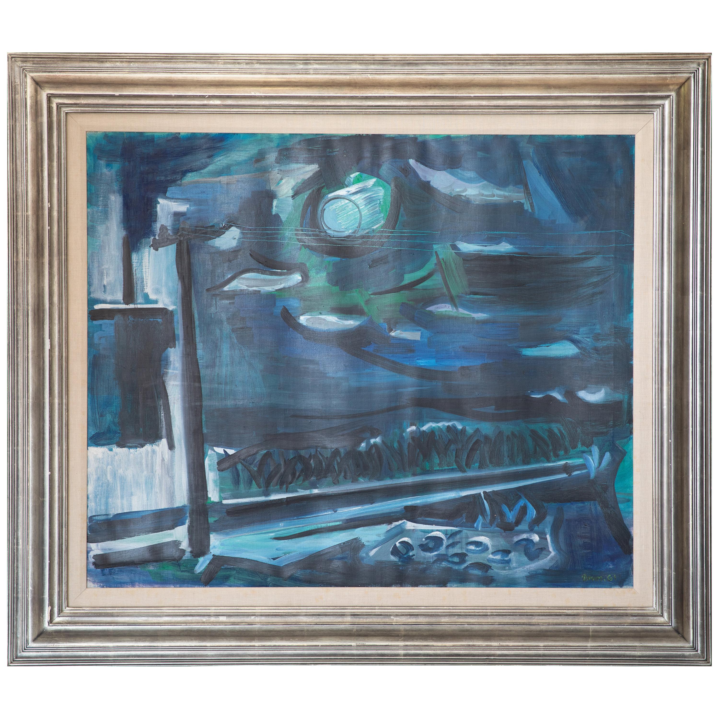 Ben Benn Signed Oil on Canvas Moon at Sag Harbor New York, 1961