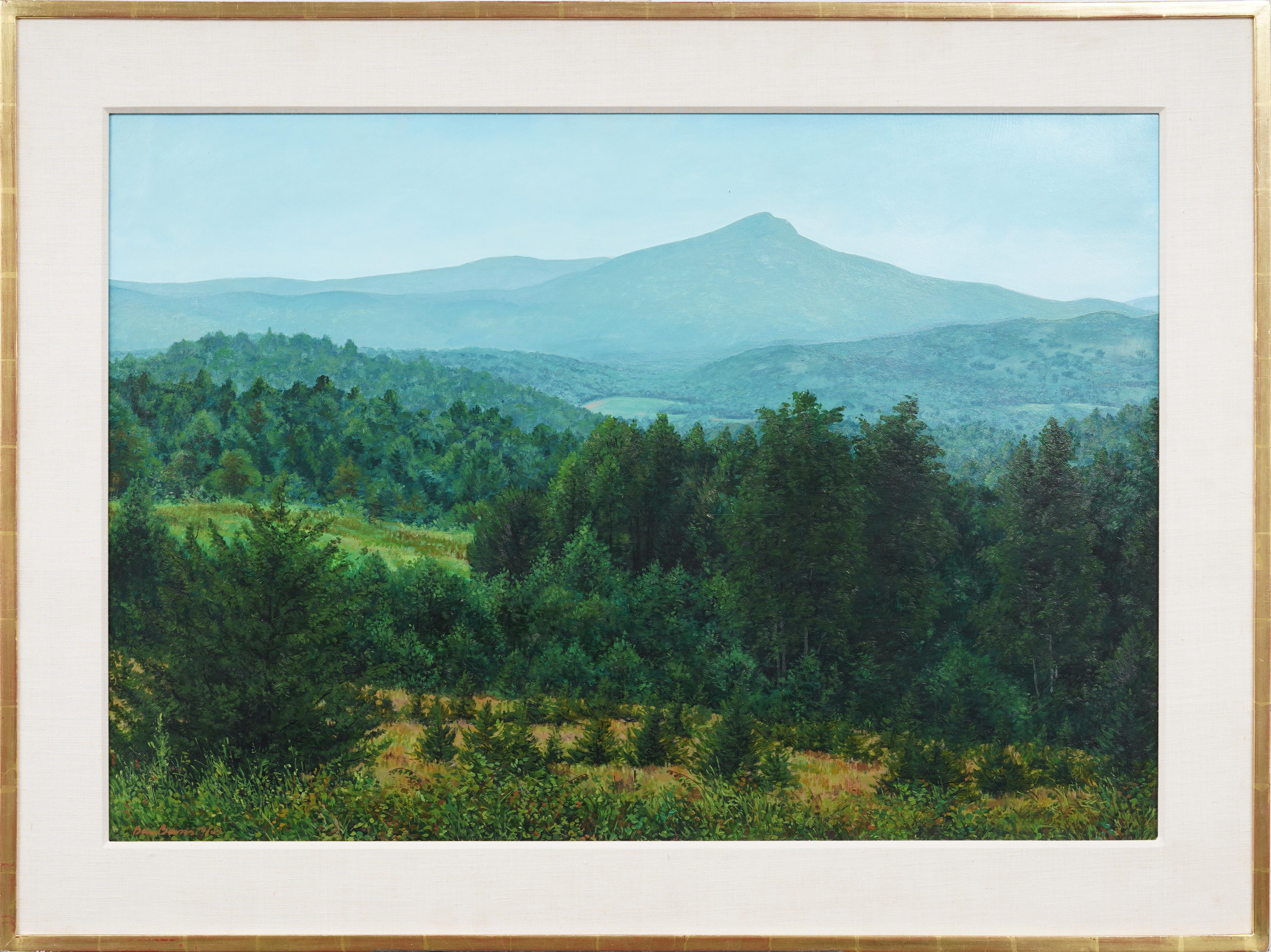 Vintage American Modernist Adirondack Mountain Landscape Framed Oil Painting - Blue Landscape Painting by Ben Berns 