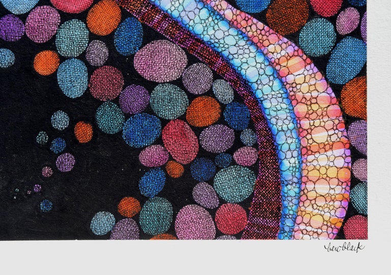 Highly detailed pointillist watercolor and ink drawing featuring dynamic form and color in motion by Ben Black (American, 1922-2003). Unframed. Signed 
