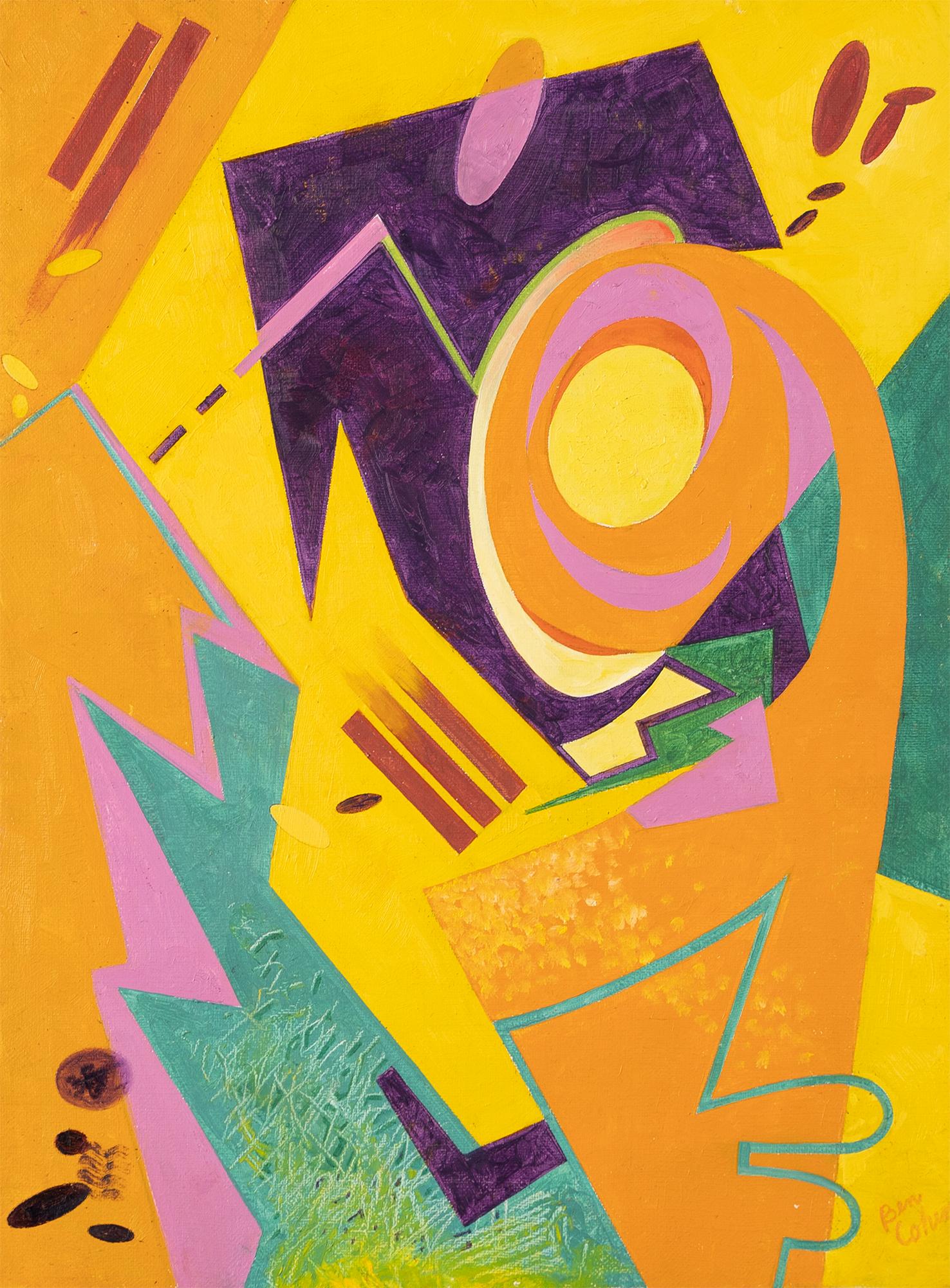 Peinture à l'huile originale vintage Pop Art géométrique abstraite moderne du milieu du siècle dernier - Marron Abstract Painting par Ben Cohen
