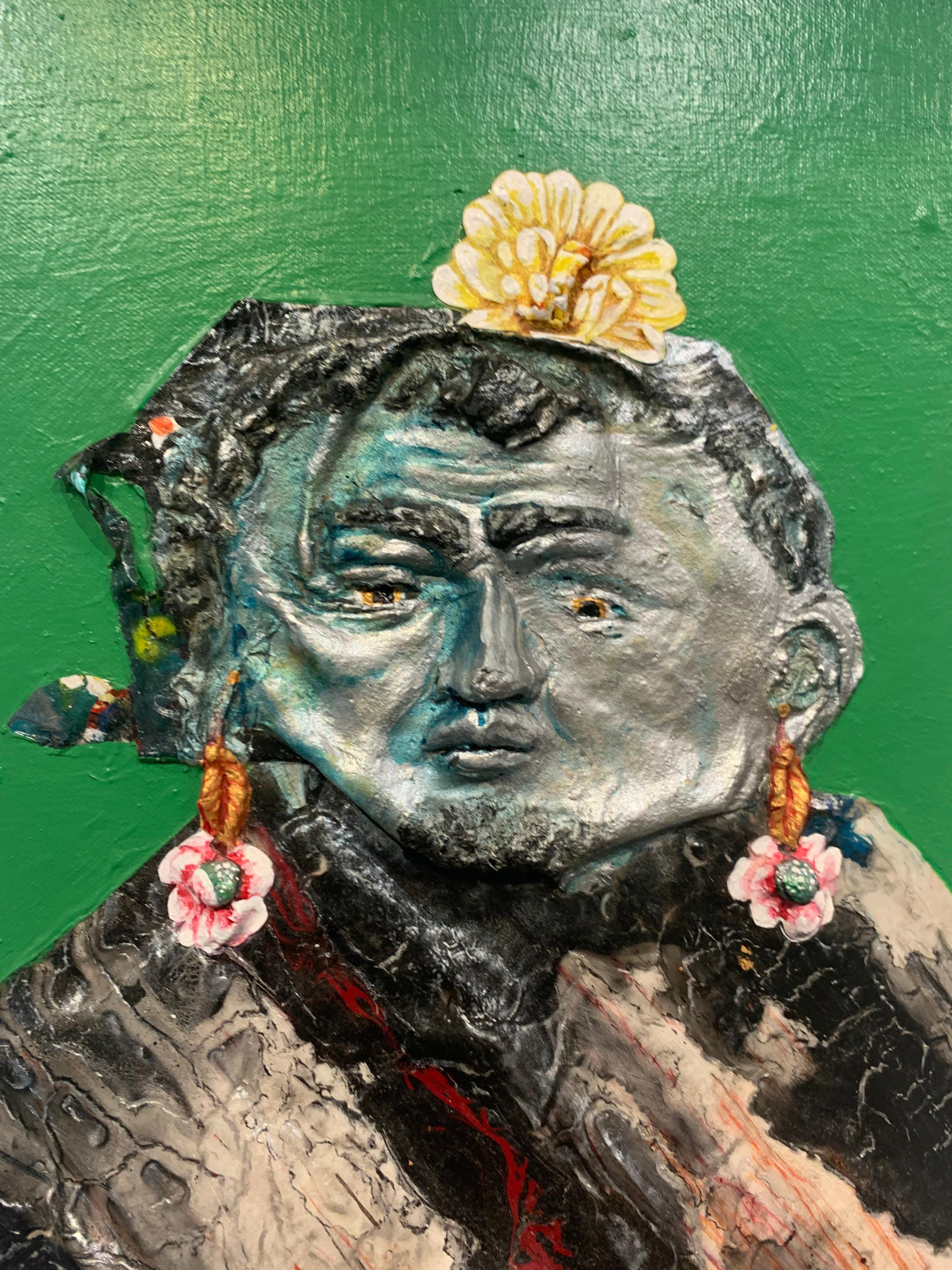 Shaman, acrylic and mixed media painting by artist Ben Darby. The artists has used a draping effect to create a 3D effect with the garment. The rest of the painting is textured and is embellished with flowers and iridescent paint.