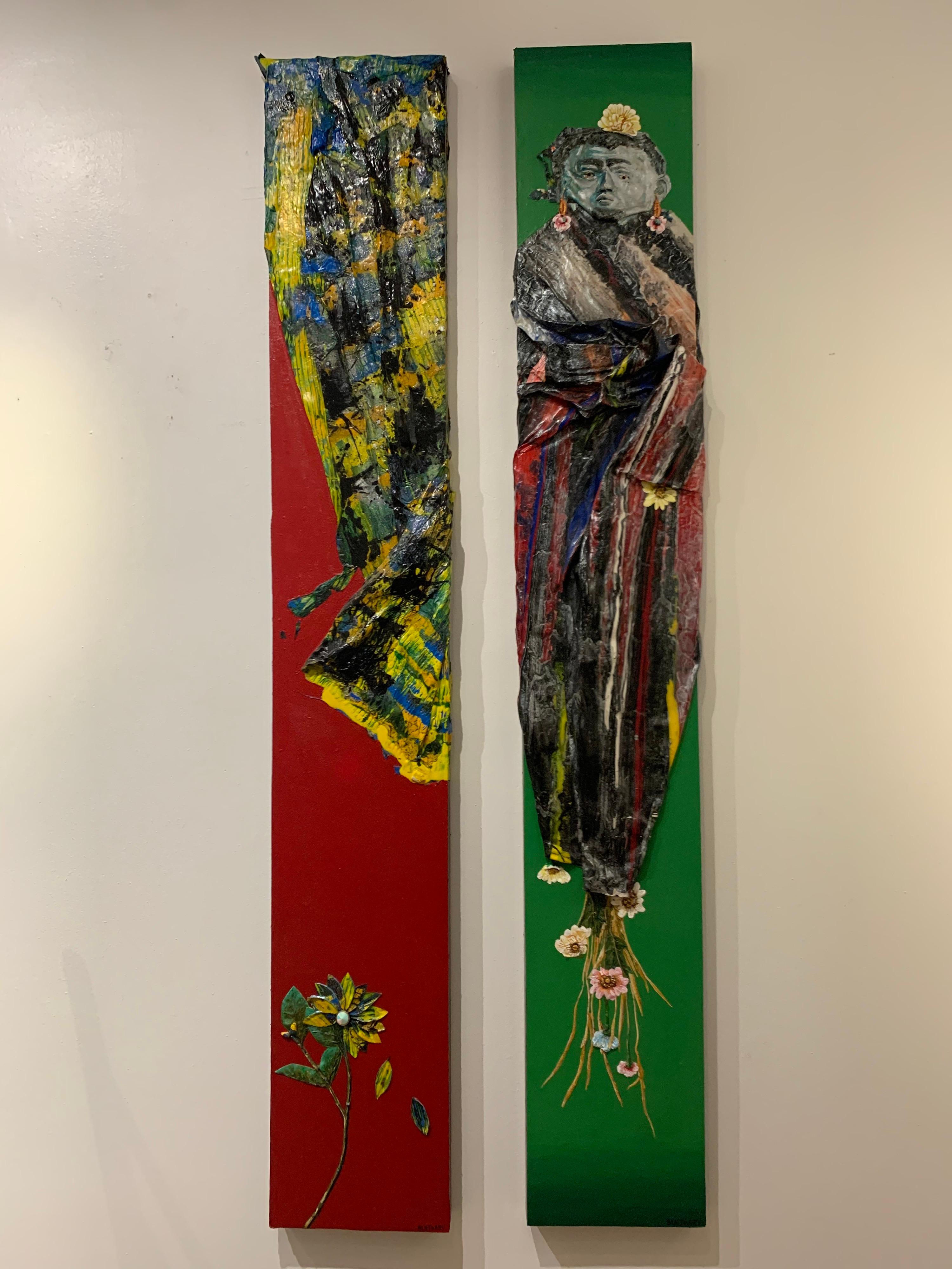 Chamán, pintura acrílica sobre lienzo, túnica verde, rojo, gris en venta 6
