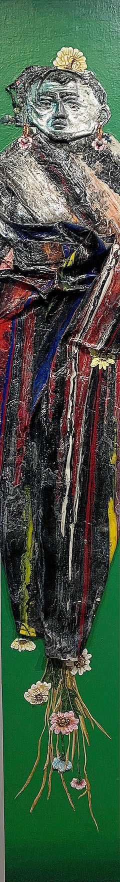 Shaman, acrylic on canvas painting, green robe, red, gray