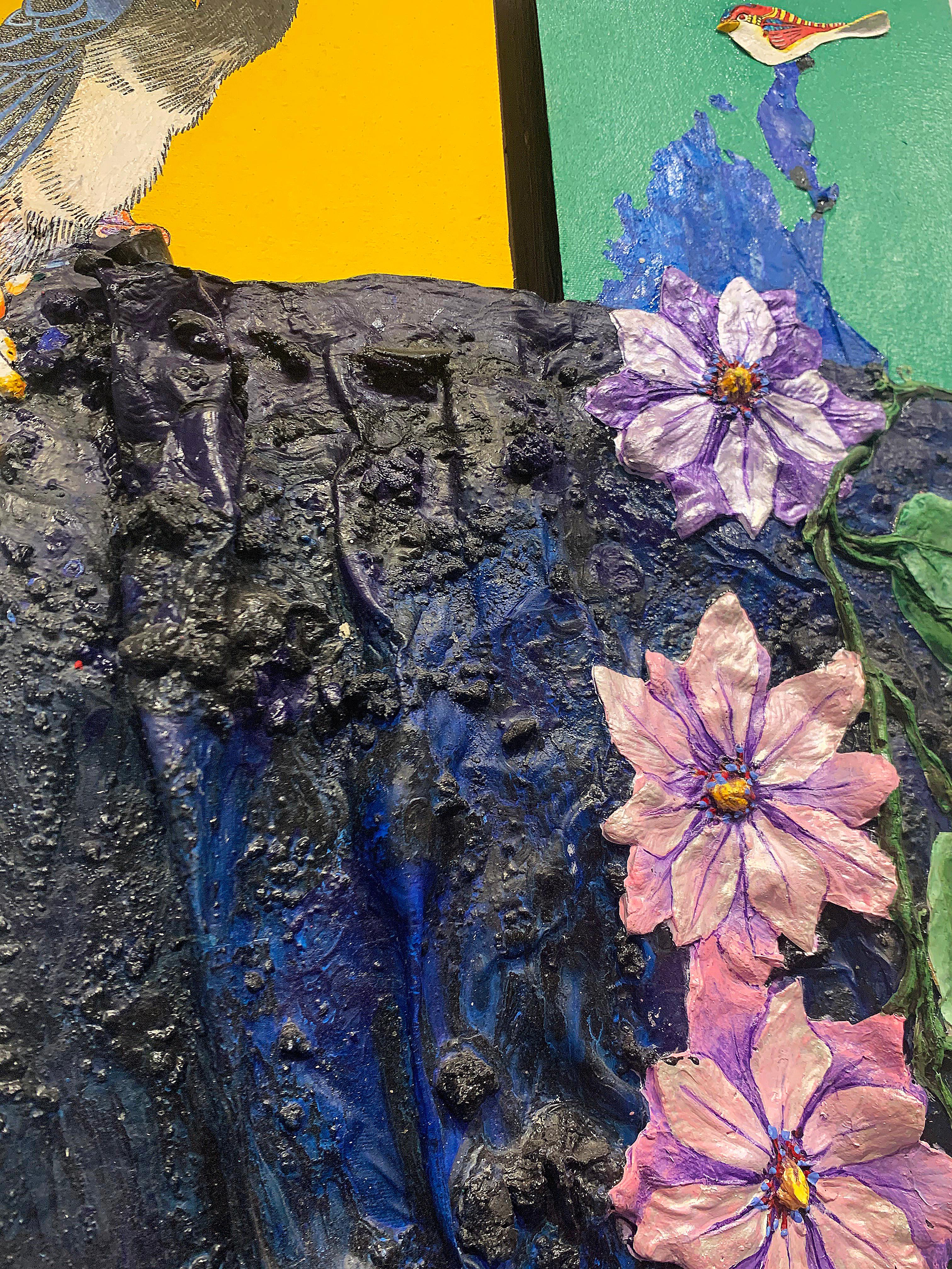 Gemälde aus Schaumstoff, Acryl und Mischtechnik, gelb, lila, blau  im Angebot 2