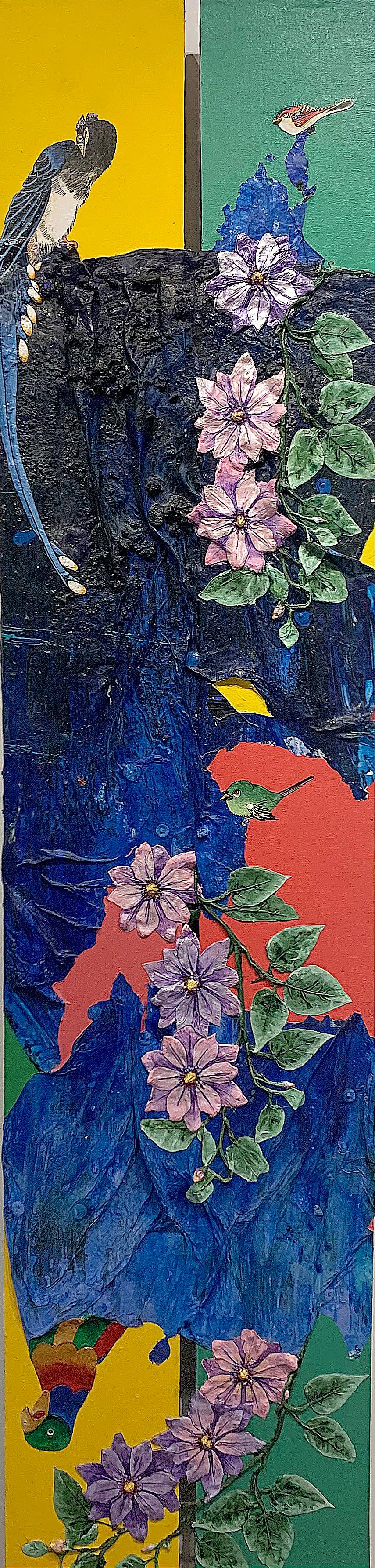 Gemälde aus Schaumstoff, Acryl und Mischtechnik, gelb, lila, blau  – Mixed Media Art von Ben Darby