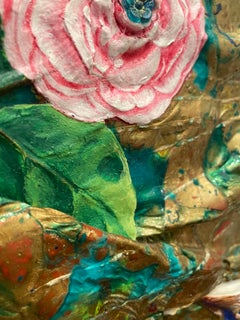 Fusión, pintura acrílica y técnica mixta, amarillo, verde, dorado, pájaros