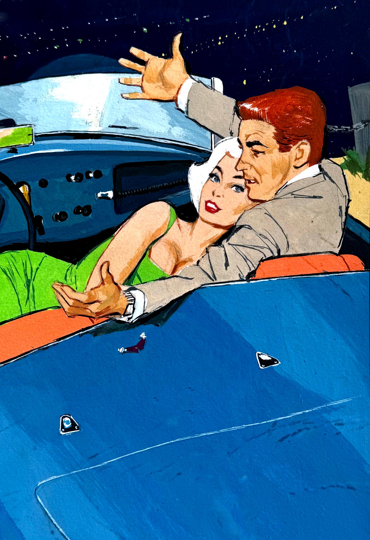 Arnolt Bristol - Blauer Sportwagen  Das gute Leben in der Mitte des Jahrhunderts - Playboy Cartoon – Painting von Ben Denison