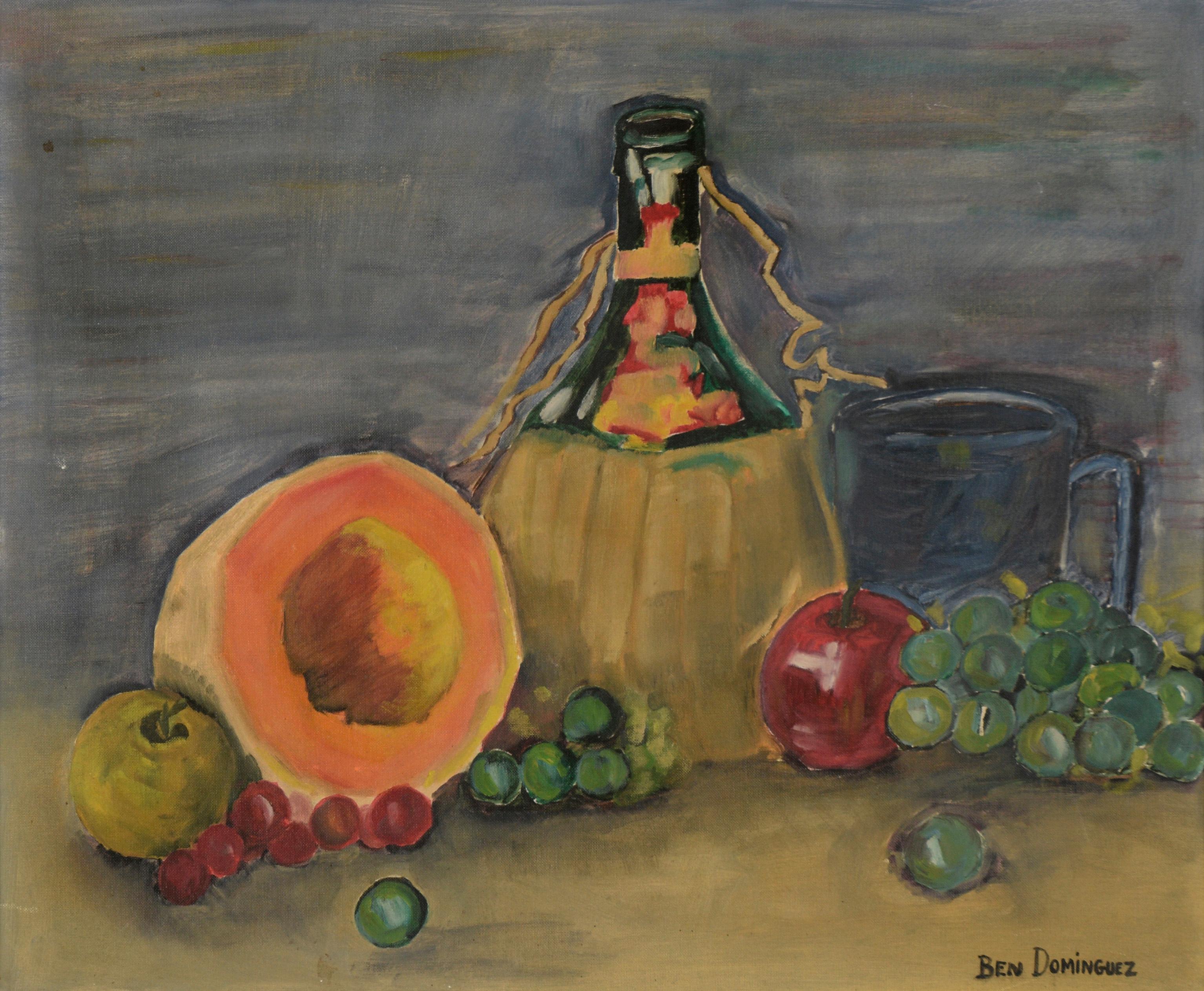 Still Life with Cantaloupe and Chianti Bottle Original Oil on Canvas - Painting by Ben Dominguez
