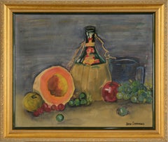 Vintage Still Life with Cantaloupe and Chianti Bottle Original Oil on Canvas