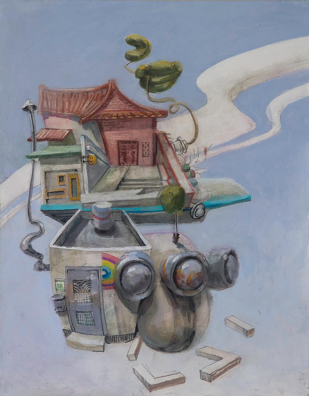 Benjamin Duke Figurative Painting - Hyperobject, Surreal Architectural Landscape, Blue Sky & Clouds, Oil on Panel