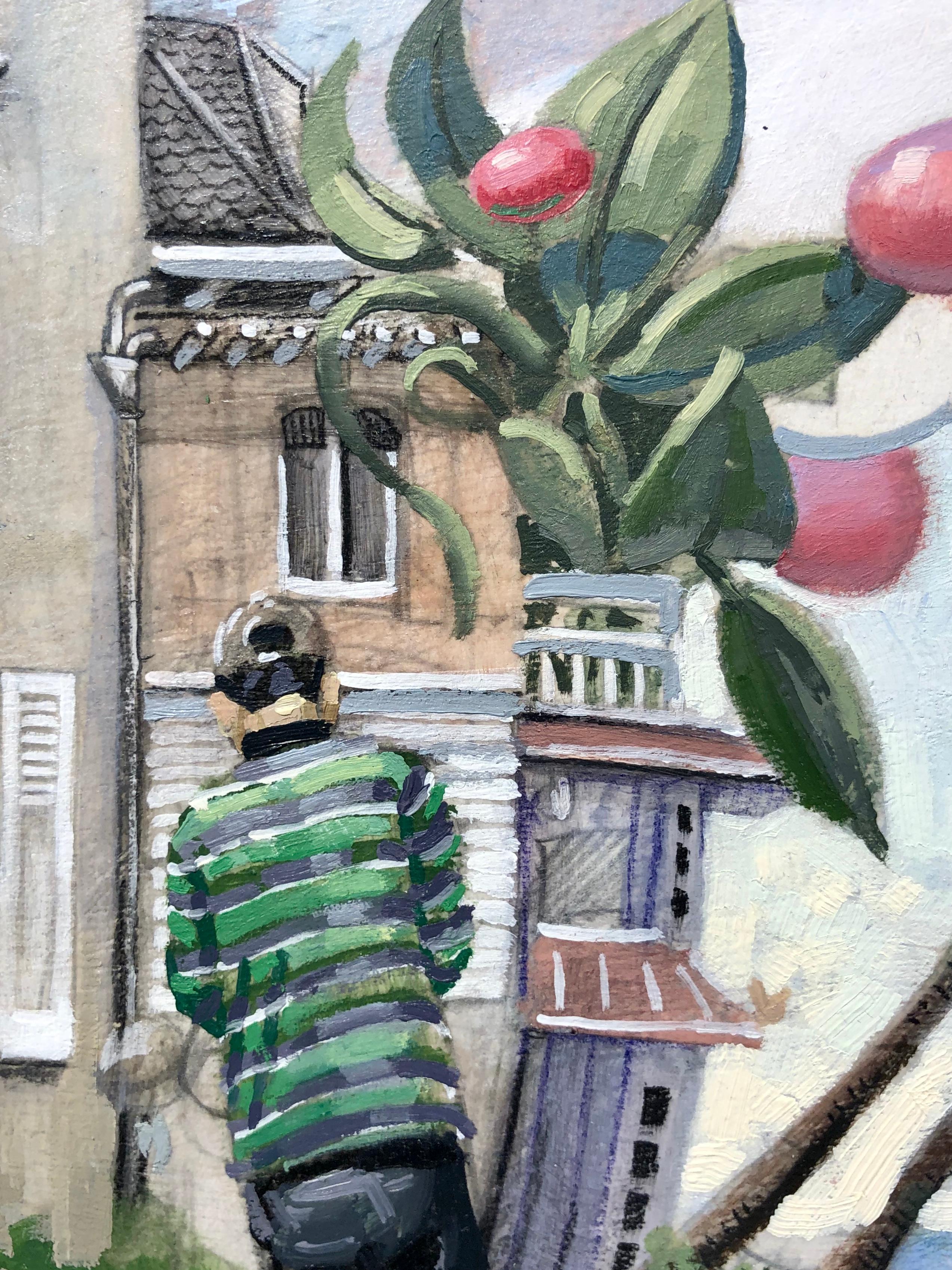 Este pequeño paisaje surrealista muestra una hilera de casas en hilera exageradas que parecen flotar fuera del panel en el que están pintadas, junto con lo que parecen ser semillas de una planta sobredimensionada.   Las dos figuras representadas