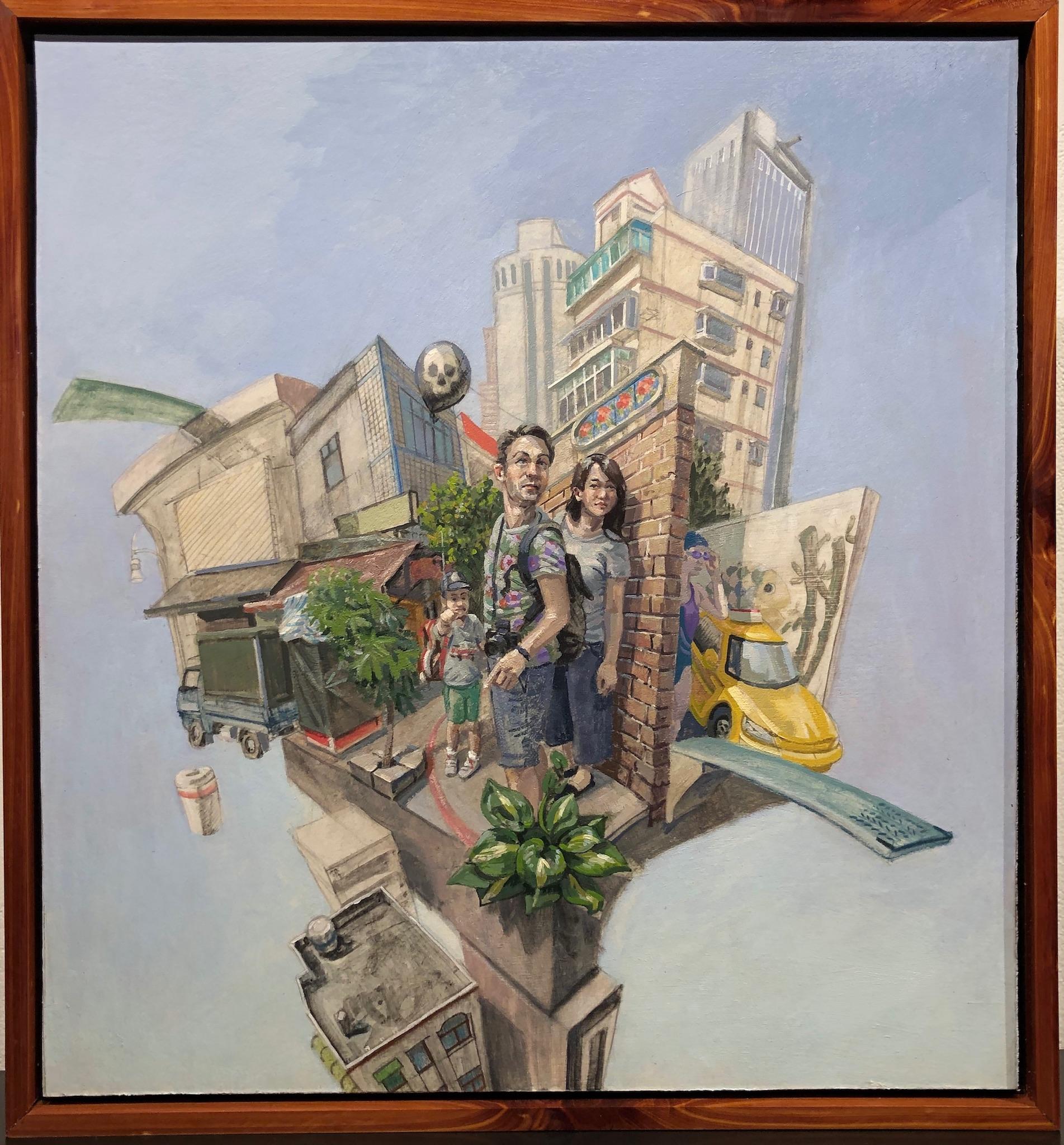 Lost in Taipei - Ximending, Surrealist Landscape, Architectural Elements - Painting by Benjamin Duke