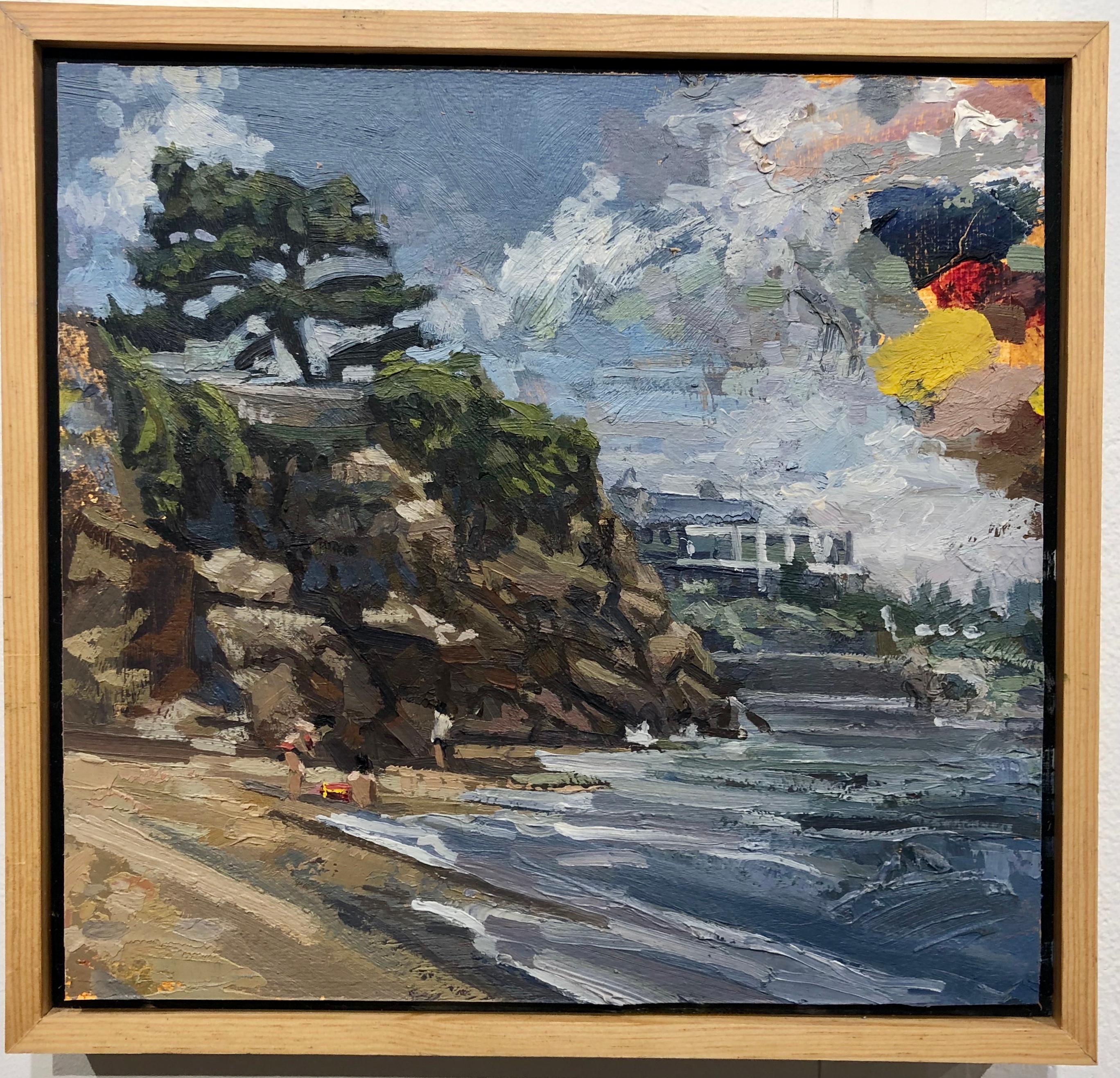 The Beach in Dinard, France - Seaside Landscape with Rocky Cliffs, Oil on Panel - Painting by Benjamin Duke