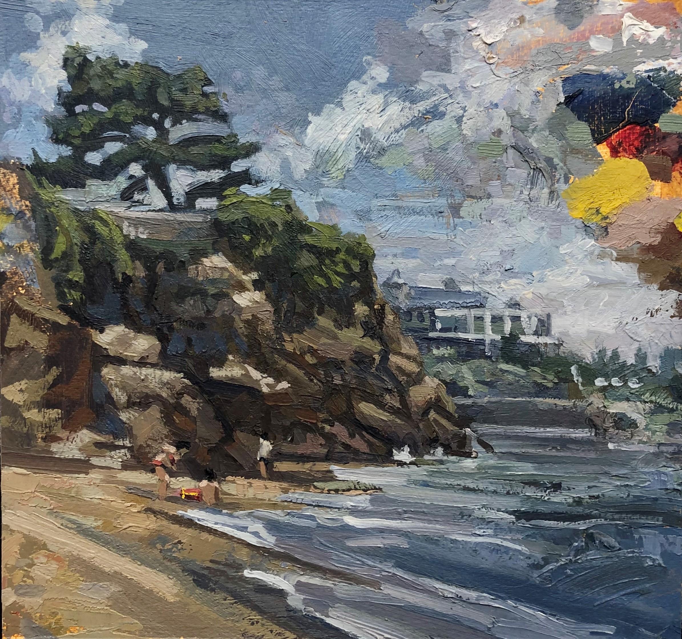 Benjamin Duke Landscape Painting - The Beach in Dinard, France - Seaside Landscape with Rocky Cliffs, Oil on Panel