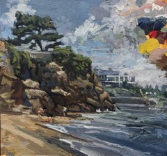 The Beach in Dinard, France - Seaside Landscape with Rocky Cliffs, Oil on Panel