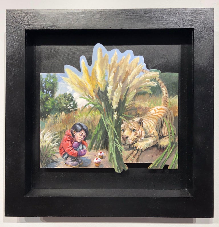 Trap #1,  Small Child and Tiger, Oil on Cut Out Panel in Black Float Framed  - Painting by Benjamin Duke