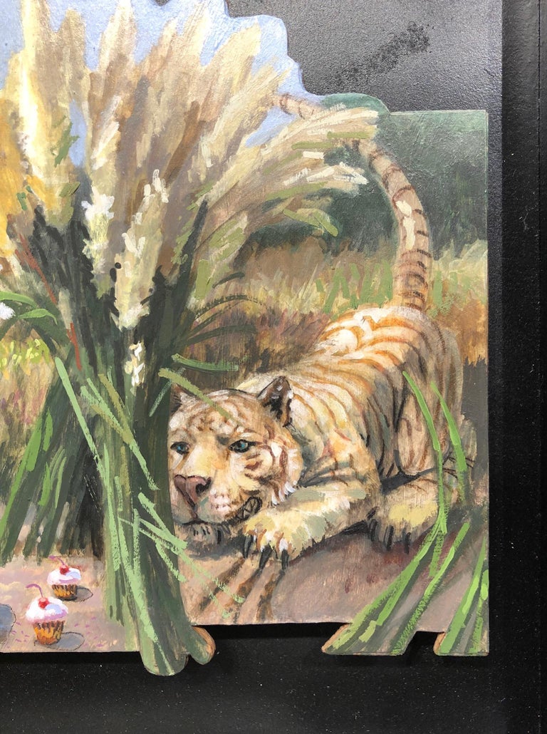 Trap #1,  Small Child and Tiger, Oil on Cut Out Panel in Black Float Framed  - Contemporary Painting by Benjamin Duke