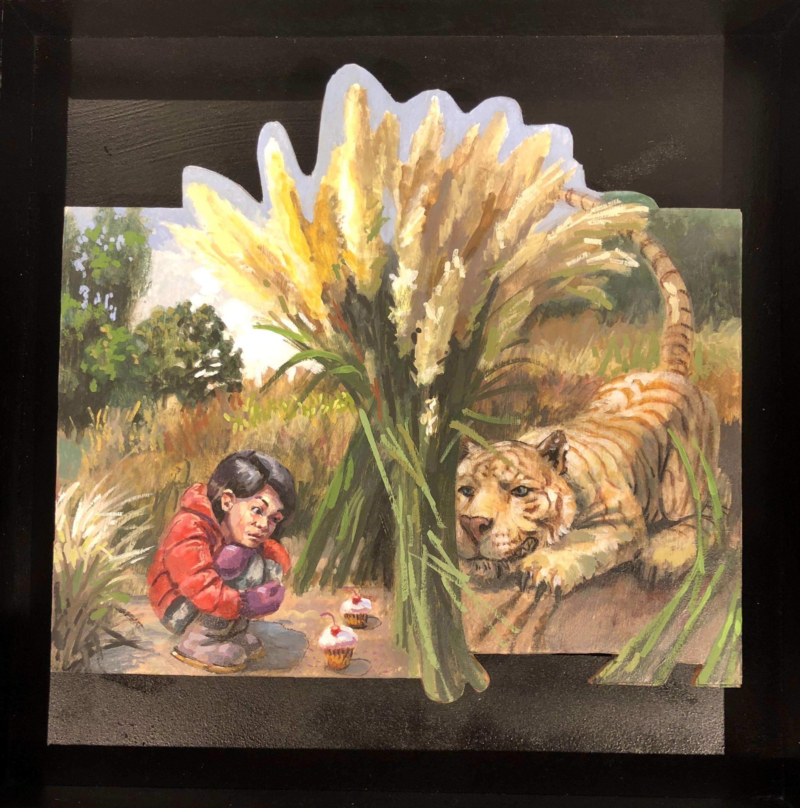 Benjamin Duke Figurative Painting - Trap #1,  Small Child and Tiger, Oil on Cut Out Panel in Black Float Framed 