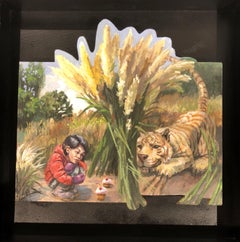 Trap #1,  Small Child and Tiger, Oil on Cut Out Panel in Black Float Framed