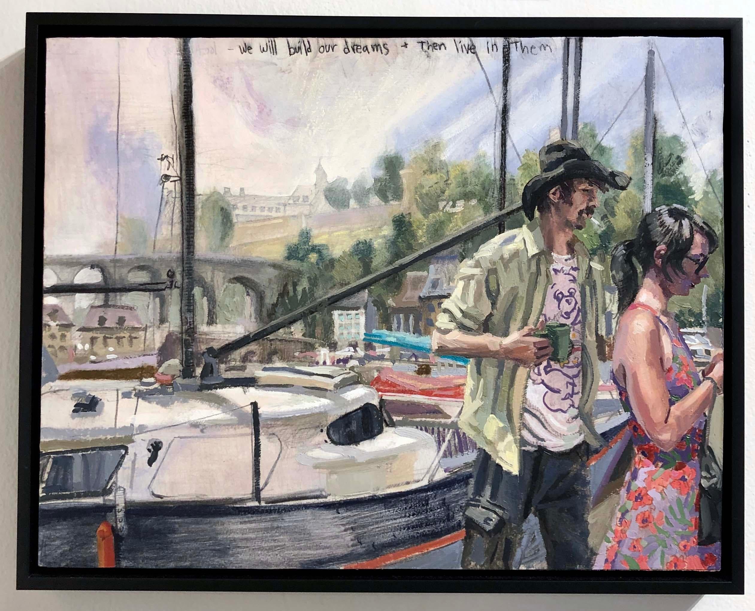 We Will Build Our Dreams and Then Live in Them #2, Two Figures & a Sailboat - Painting by Benjamin Duke