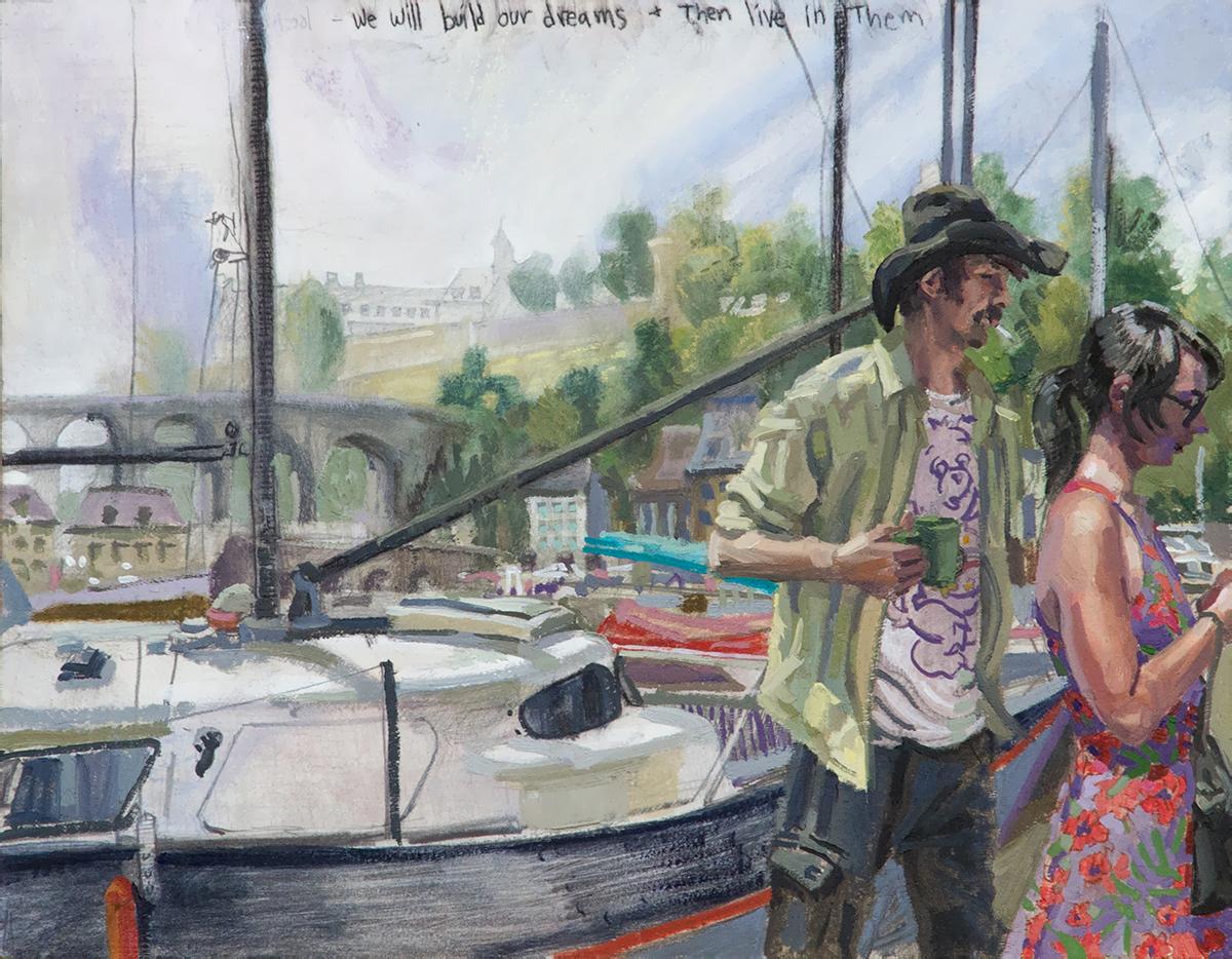Landscape Painting Benjamin Duke - Nous construisons nos rêves puis vivons dans ceux-ci #2, deux personnages et un voilier