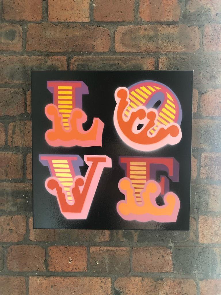 Ben Eine, Love, 2017

Acrylic and spray paint on canvas

Original artwork

40.5 x 40.5 cm (15.94 x 15.94 in)

Hand-signed by the artist

Ben Eine’s captivating and playful circus font perfectly conveys the word love’s enduring positivity and hope