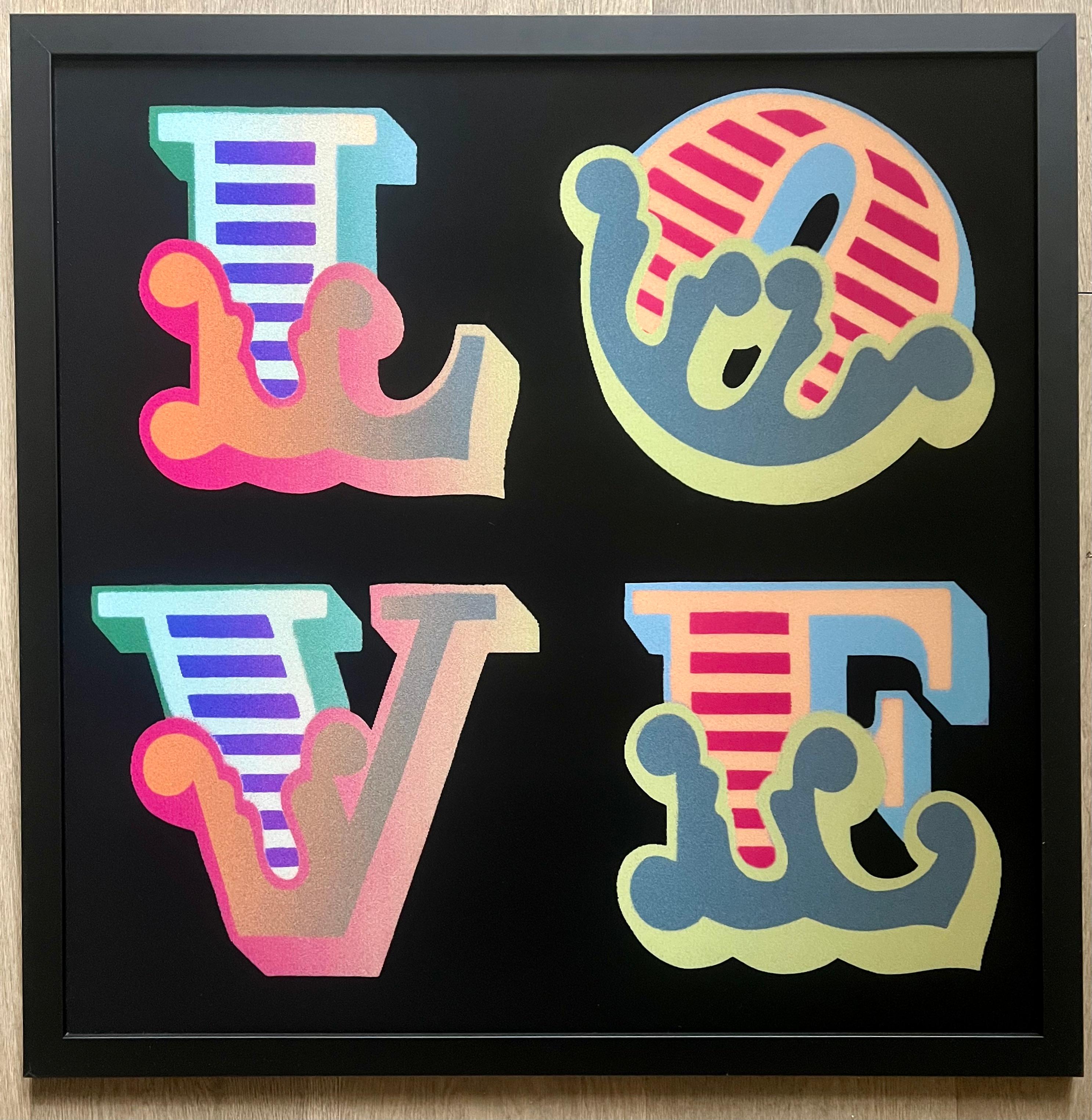Ben Eine
Love [Lenticular IV], 2016
Lenticular print in colour
Signed and numbered by the artist, on verso
60 x 60 cm paper size
65 X 65 cm (framed)
Edition of 75

Ben Eine is a prominent British street artist renowned for his distinctive