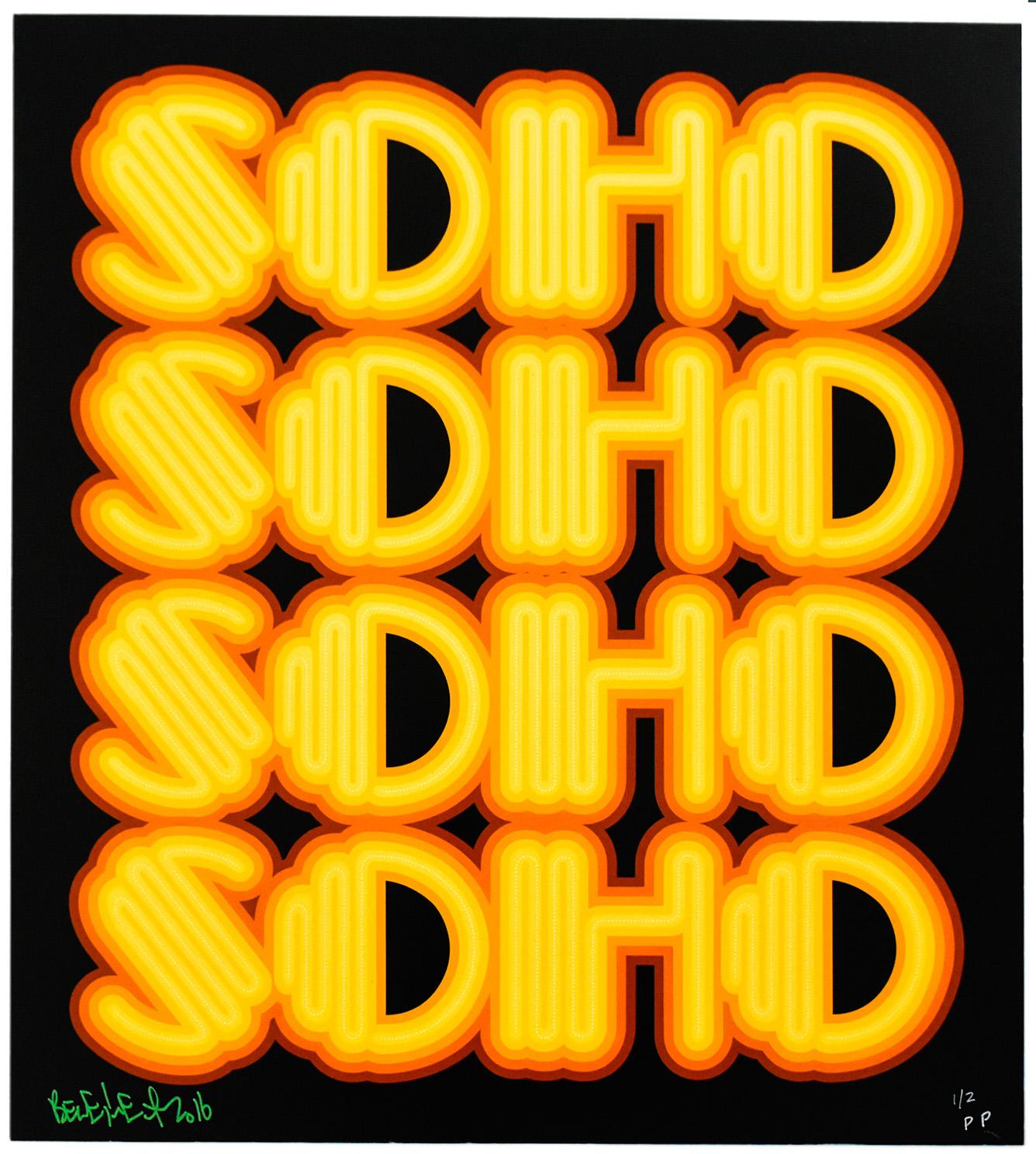 Very Pop and super vibrant neon SOHO print by Ben Eine.
Did you know there is an area both in NYC and London known as SOHO.
Look closely and you will see that the word SOHO is made up of multi colors giving it great depth and eye popping
