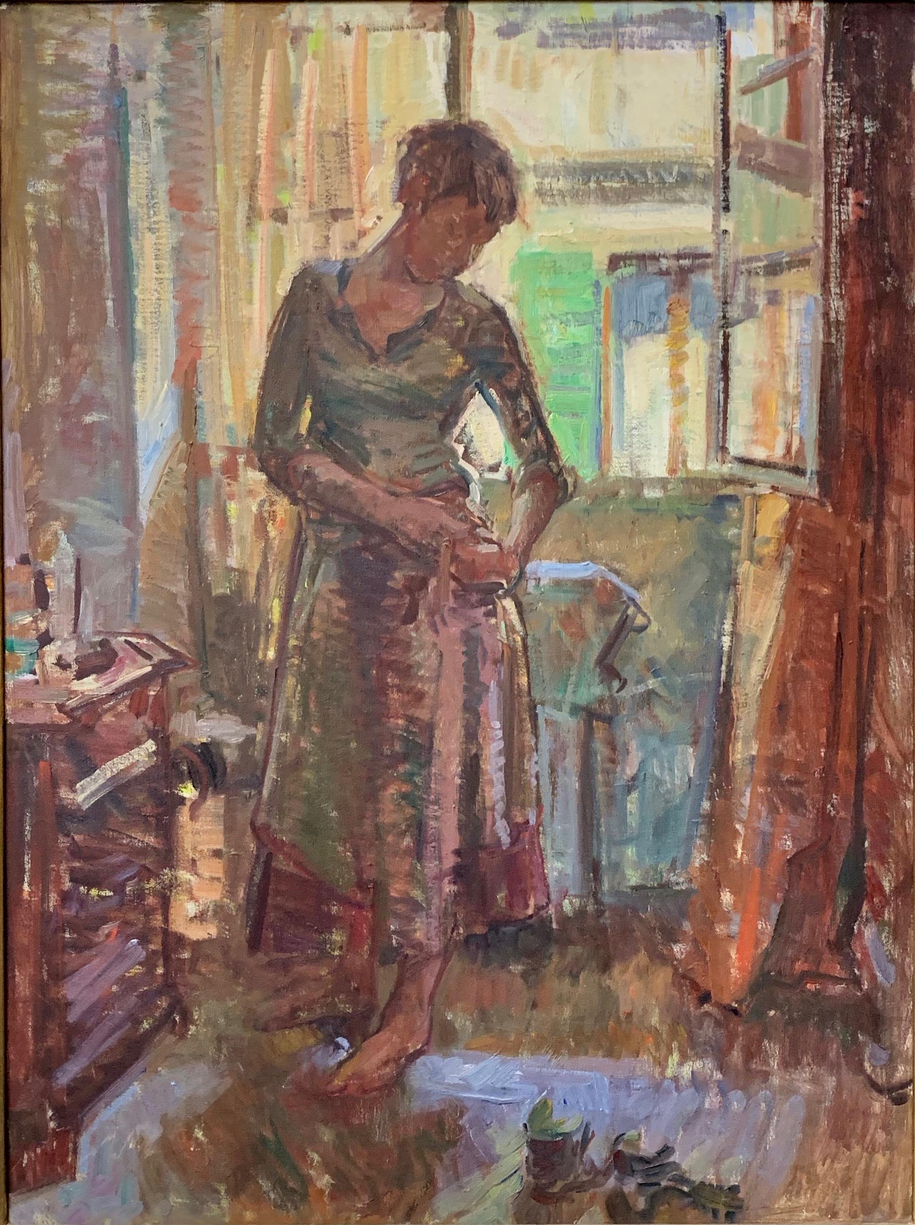 Framed modern realist oil painting titled 'Johanna Fixing Her Skirt', painted in 2011 by American Artist Ben Fenske (b. 1978). The painting depicts a woman fixing her clothing in an interior setting. The piece has a label on the back and is in great