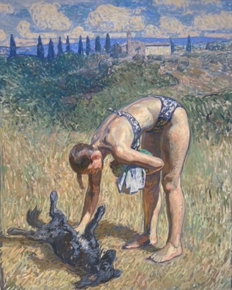 Ben Fenske Landscape Painting - "Amy, Buddy" woman petting dog after swim in summer Tuscan countryside