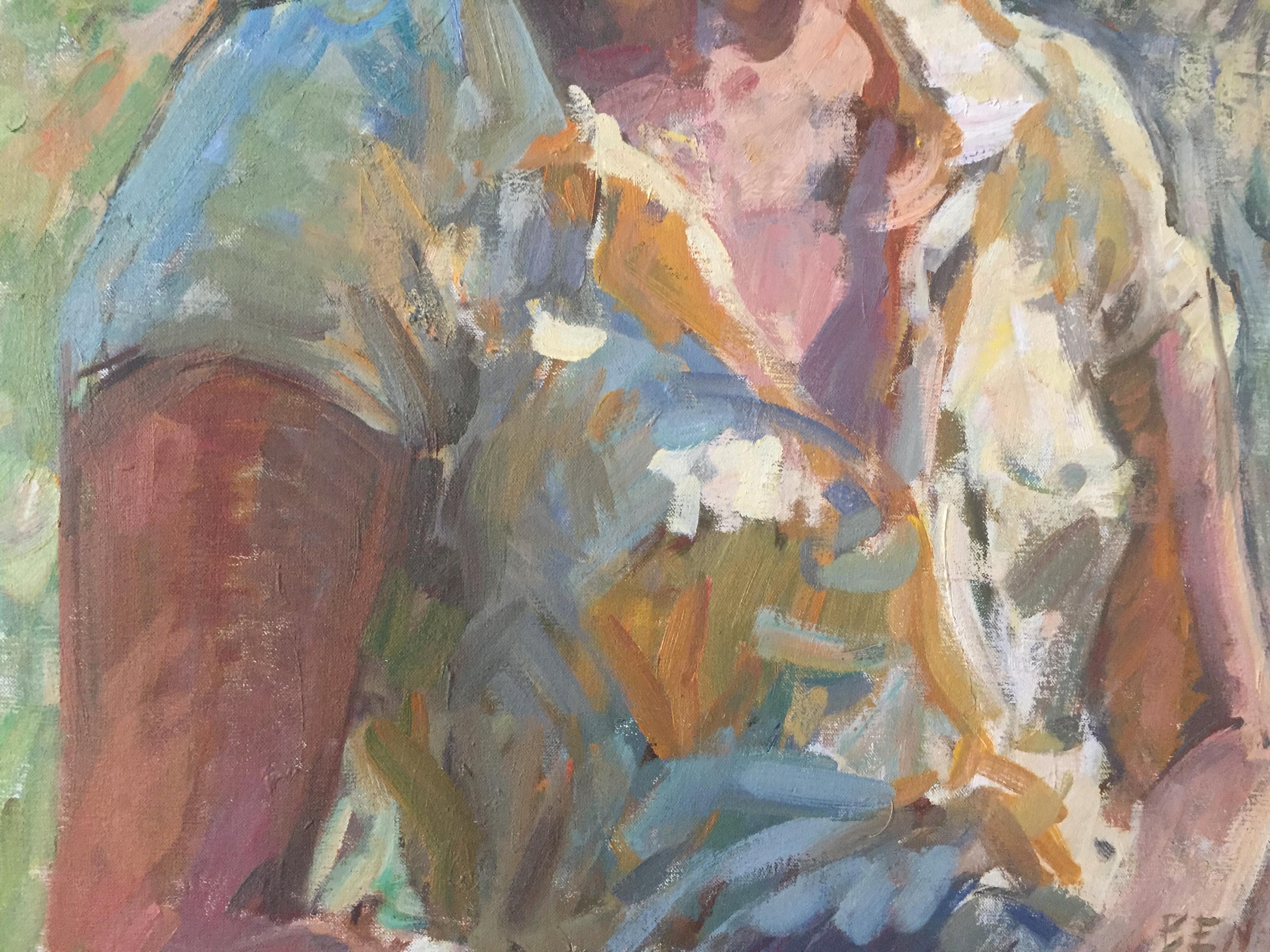 Ein Ölgemälde auf Leinwand, das eine Frau im Freien zeigt. Ein kurviger Baum in der Nähe rahmt ihr Porträt ein. Sie trägt einen gelben, kurzärmeligen Button-down und einen passenden Schal im Haar. 

Gerahmte Abmessungen: 41,43 x 33,56 Zoll

Ben