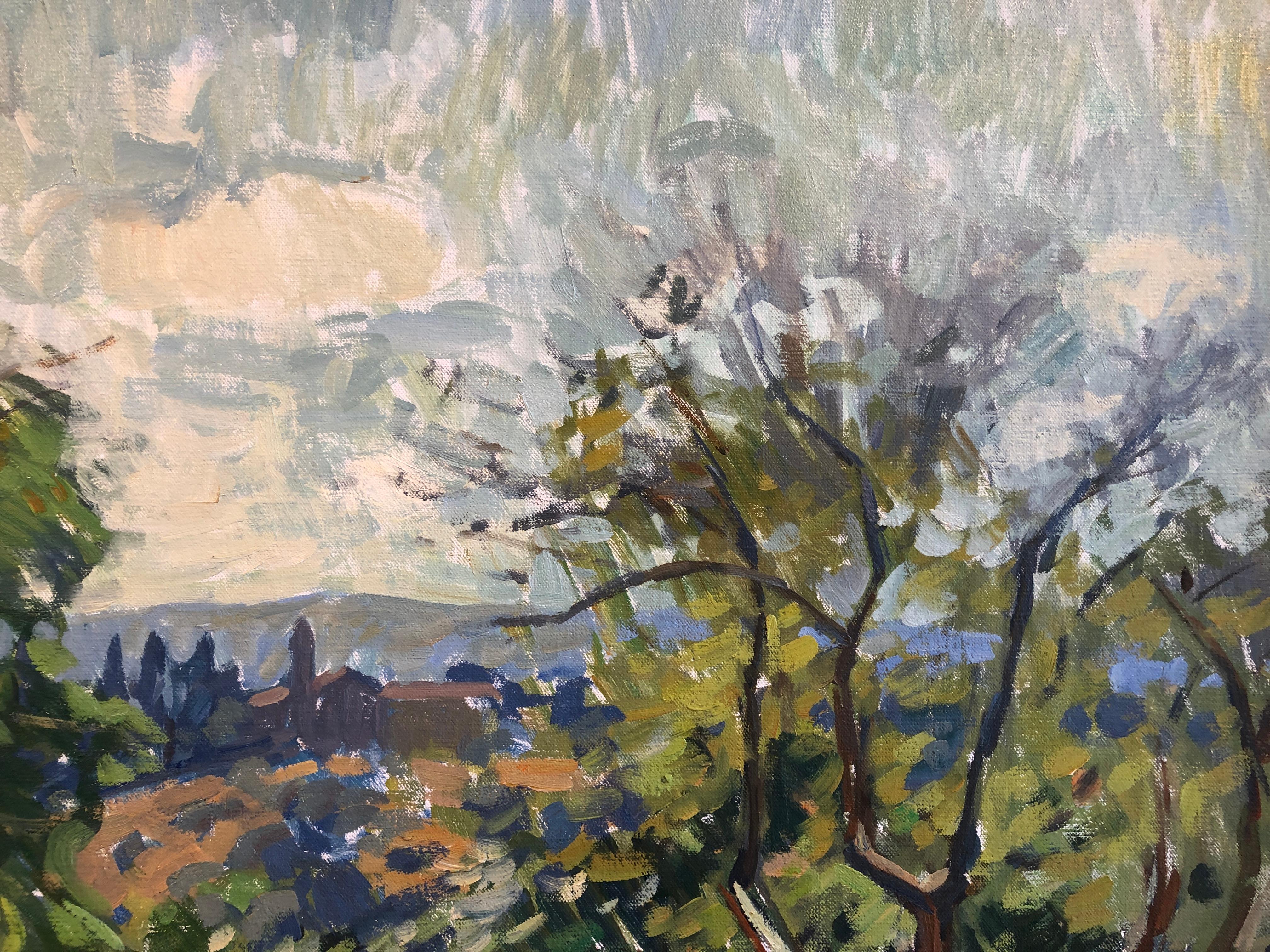 Plein-air landscape painting of laundry drying on the line in the yard under bright sunlight.  Light cascades through the sheets and fabrics and glitters through the leaves on the tree and onto the grass. One can feel a gentle breeze coming through