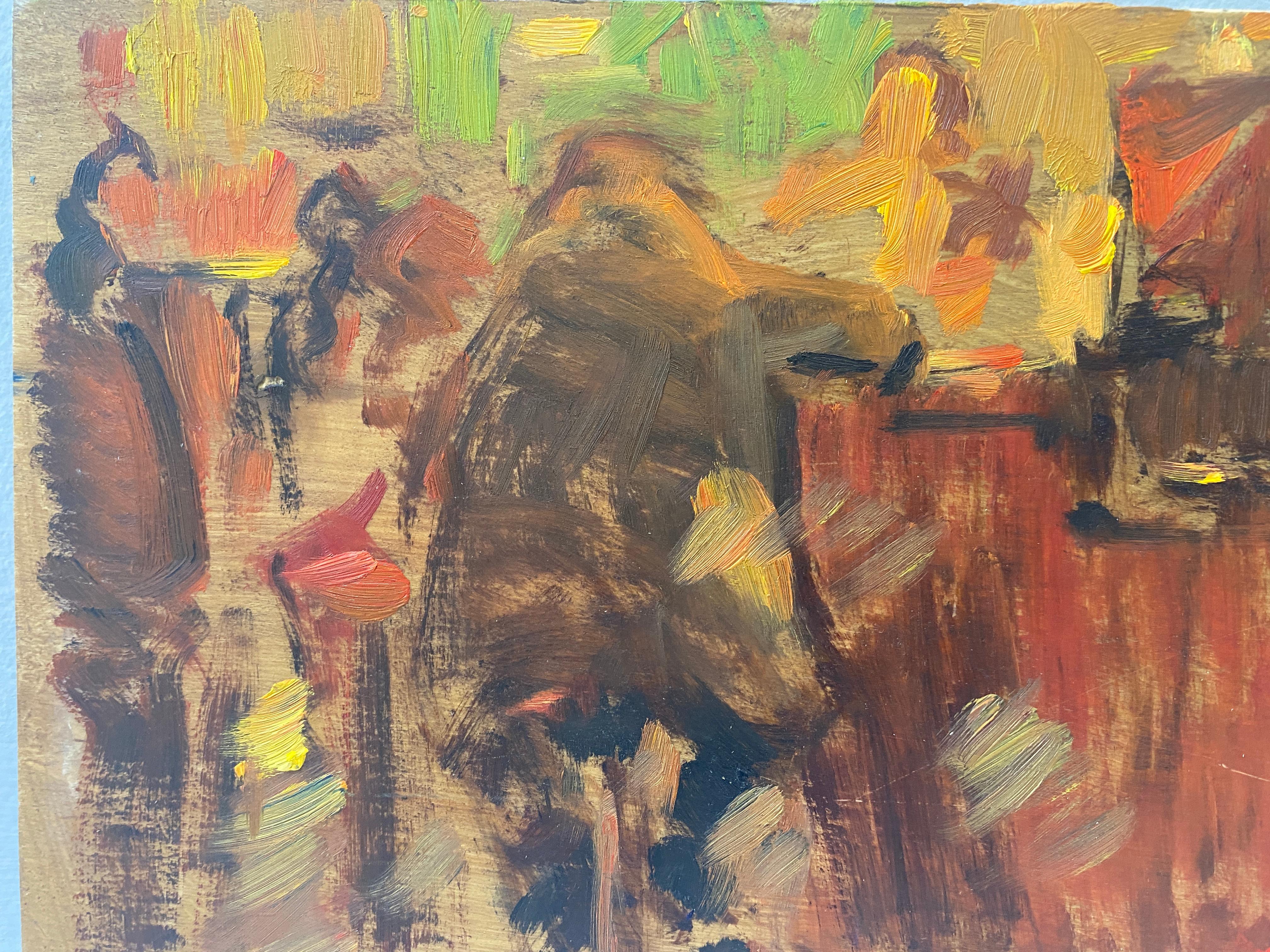 Eine kleine Skizze des amerikanischen Impressionisten Ben Fenske. Vor Ort in einer Kneipe gemalt, skizziert Ben Fenske eine unzusammenhängende Barszene. Vielleicht ist die Unklarheit der Formen eine Anspielung auf den berauschten Zustand, in den der