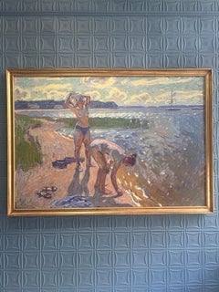 ”Bathers (Inspired by Plastov)” figurative oil painting; two women on beach
