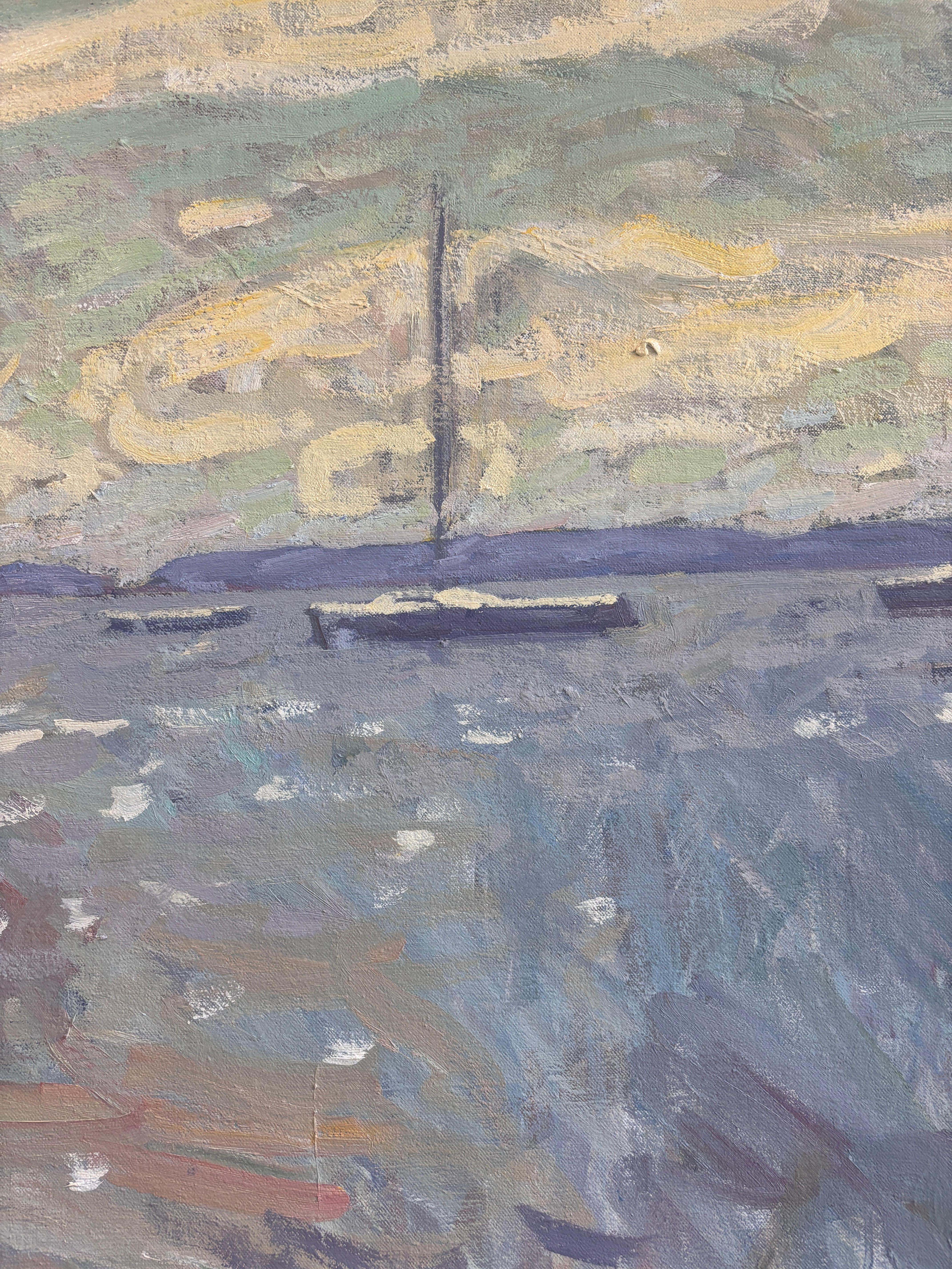 Un óleo del pintor contemporáneo Ben Fenske, un paisaje marino ambientado en Sag Harbor, Los Hamptons. Pintado en plein air entre los elementos del viento, el sol y la sal del mar en el aire. Fenske utiliza pinceladas sueltas para transmitir la