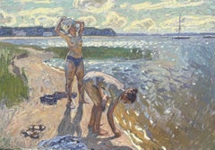 "Bañistas (Inspirado en Plastov)" óleo figurativo; dos mujeres en la playa