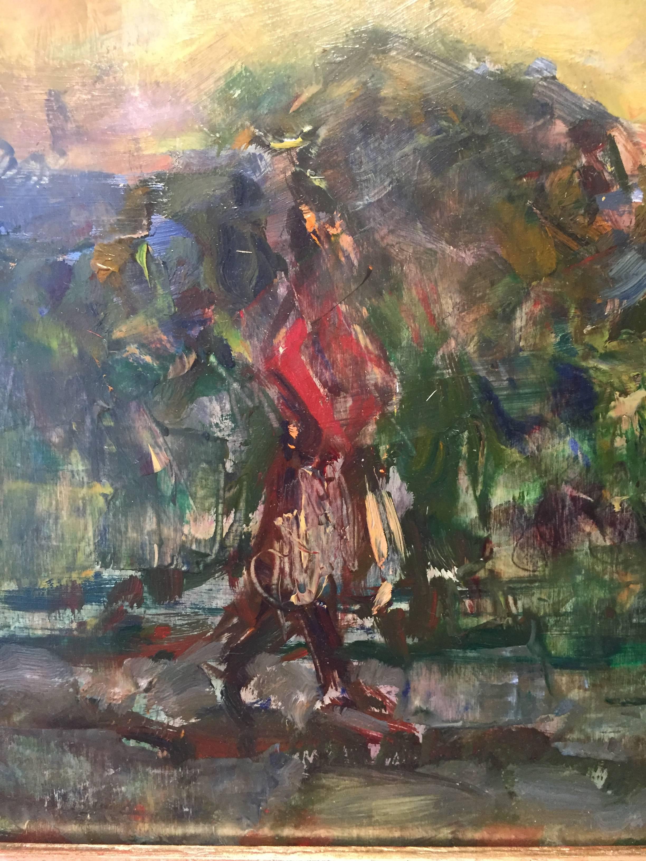 Pintada en plein air en Chianti, Italia, Beatriz camina por un sendero bordeado de arbustos. Un cielo amarillo indica que el sol acaba de ocultarse bajo el horizonte. El horizonte es azul, representando tierras lejanas. 

Estudio original para 