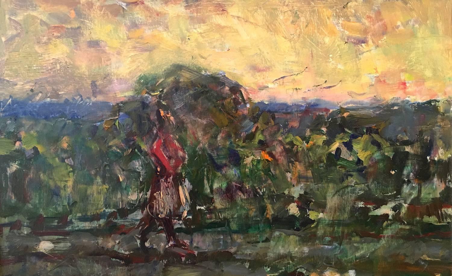 Landscape Painting de Ben Fenske - "Bea, boceto de carretera al atardecer" Paisaje impresionista con puesta de sol