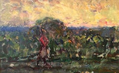 "Bea, Sunset Road Sketch" Paysage impressionniste avec coucher de soleil