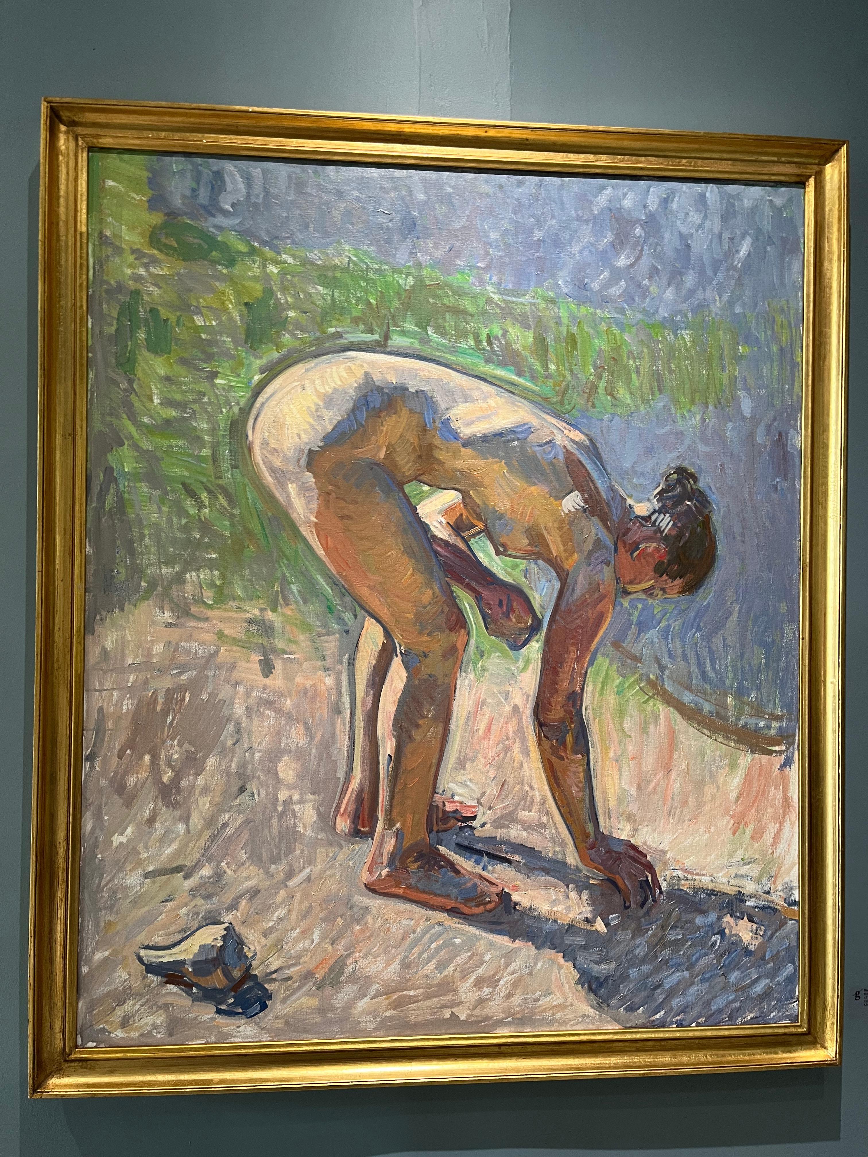 Impressionistisches Gemälde „Beach“ einer nackten Frau, die Muscheln am Strand sammelt – Painting von Ben Fenske