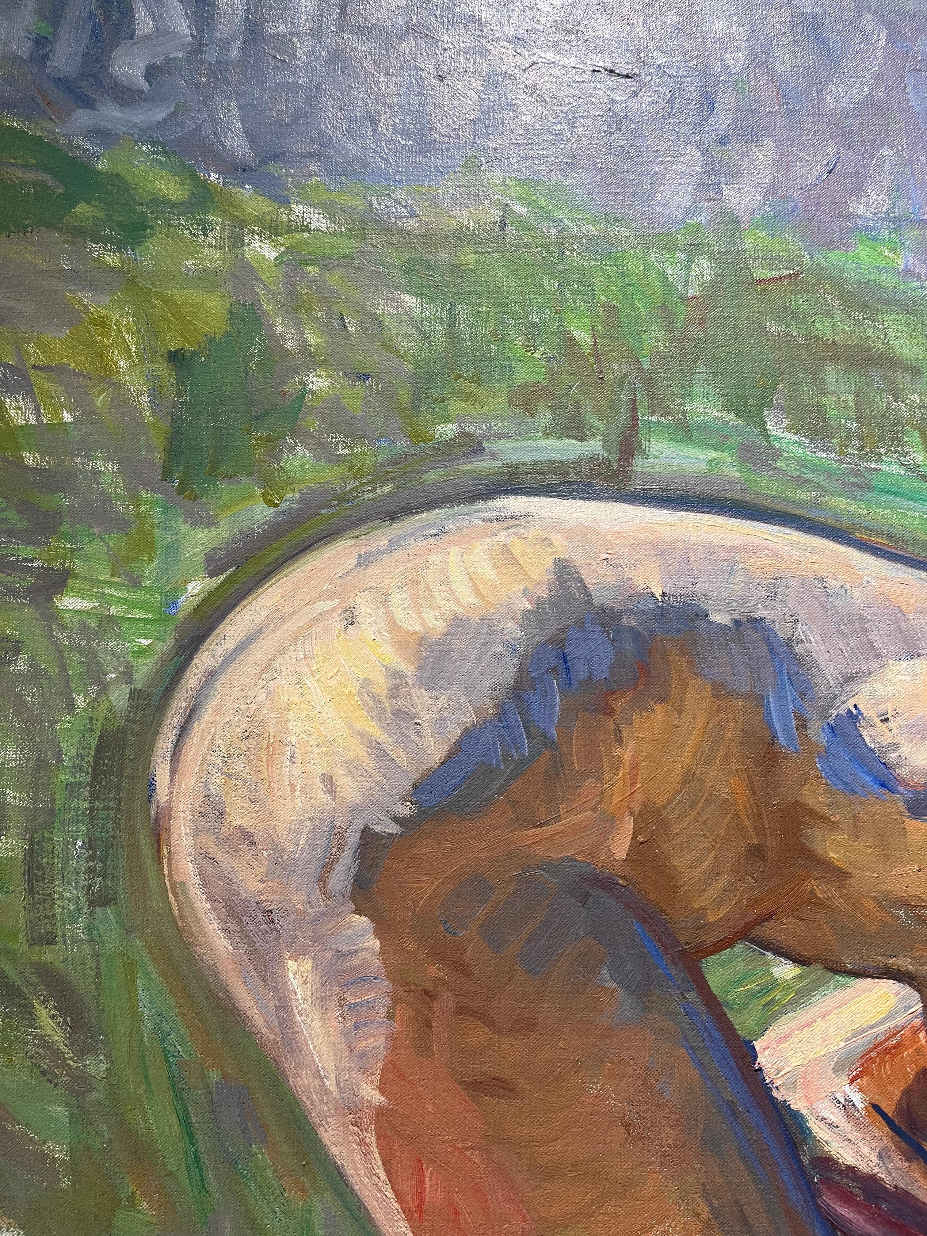 Impressionistisches Gemälde „Beach“ einer nackten Frau, die Muscheln am Strand sammelt (Grau), Nude Painting, von Ben Fenske